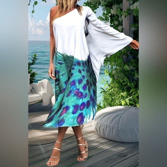 Peacock Elegant One Shoulder Sleeve Midi Beach Dress - Picture 1 of 5